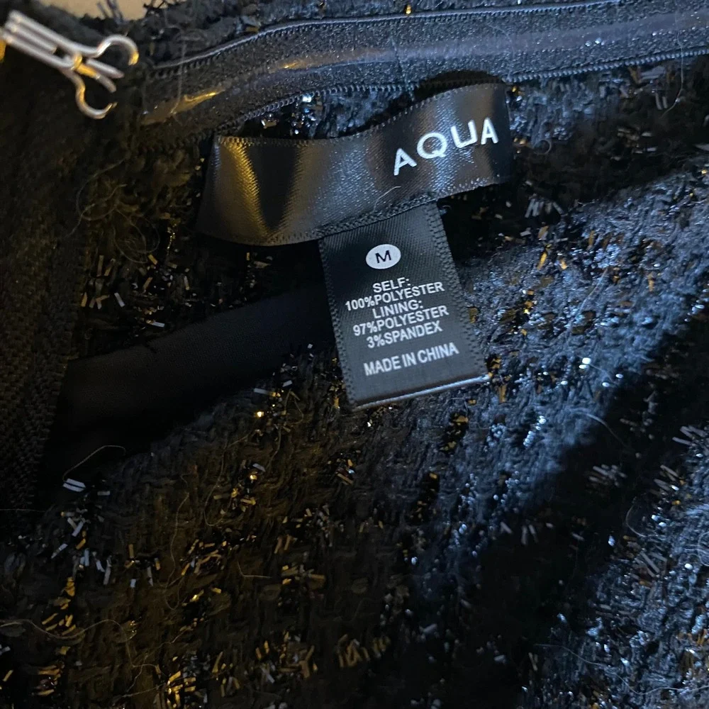 AQUA Black Tweed Mini Dress Off Shoulder Party Cocktail Rhinestone Buttons M - Picture 16 of 16